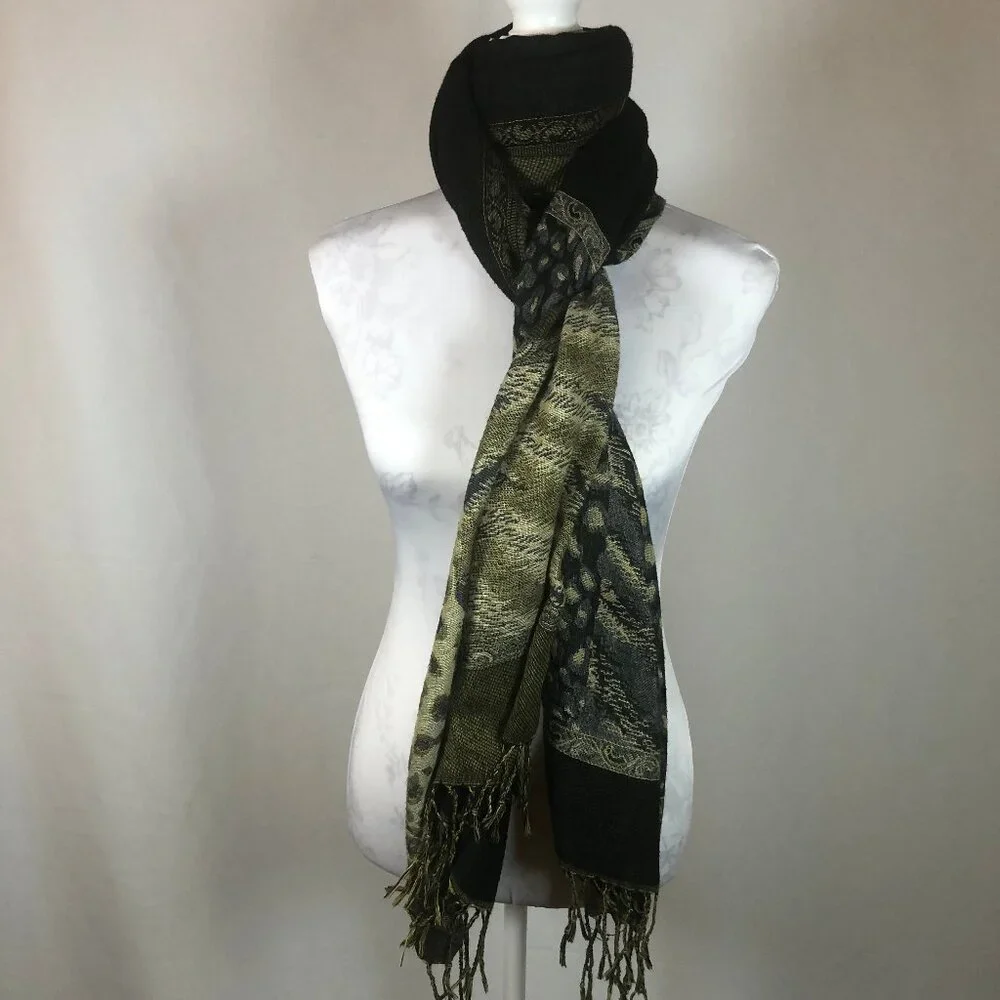 Vintage Reversible Olive & Black Jacquard Shawl Scarf